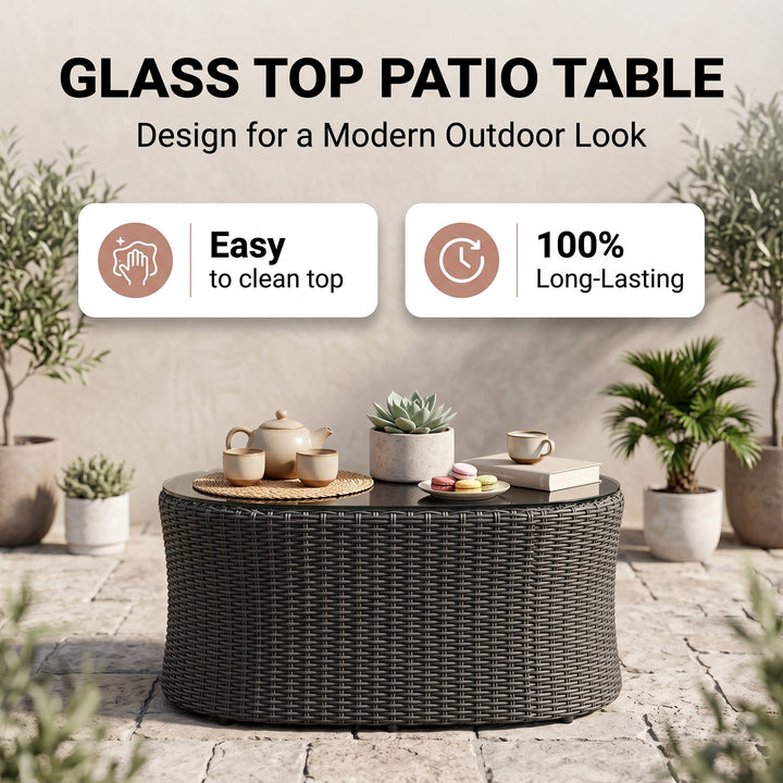 Comox Outdoor Garden Balcony Sofa Set 2 Seater, Single seater and 1 Center Table with Ottoman Set (Black)