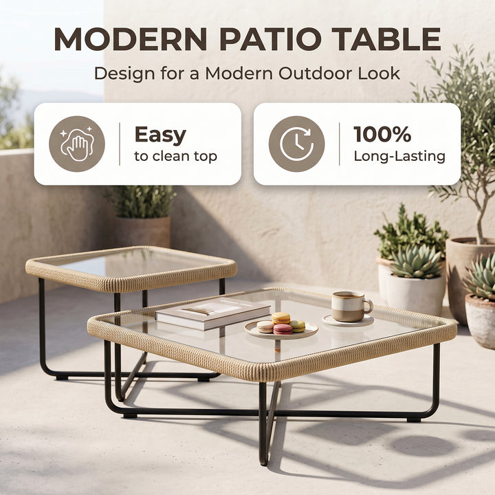 Hancy Outdoor Sofa Set 6 Seater , 2 Ottoman and 1 Center Table + 1 side table Set  (Tan + Beige) Braided & Rope