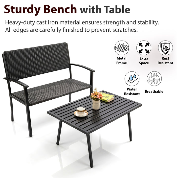 Viola Wicker 2 Seater and 1 Table Garden Bench for Outdoor Park - (Black)