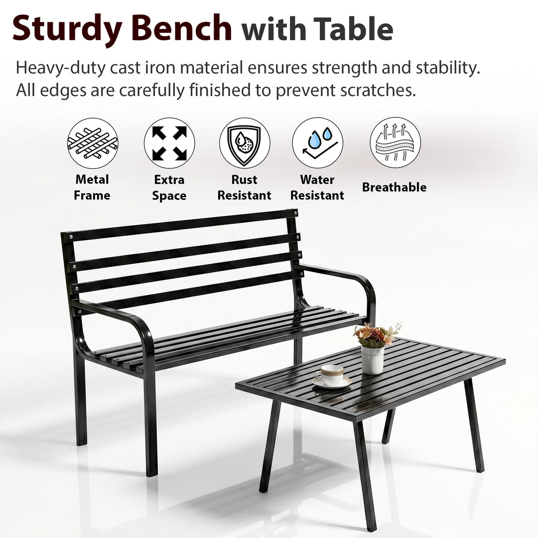 Carrillo Metal 2 Seater and 1 Table Garden Bench for Outdoor Park - (Black)