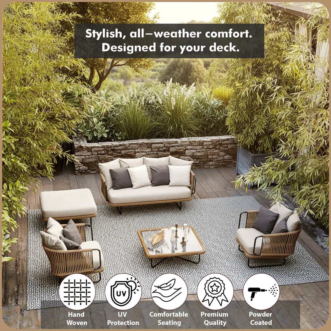 Kenly Outdoor Sofa Set 2 Seater, 2 Single seater and 1 Center Table with ottoman (Beige) Braided & Rope