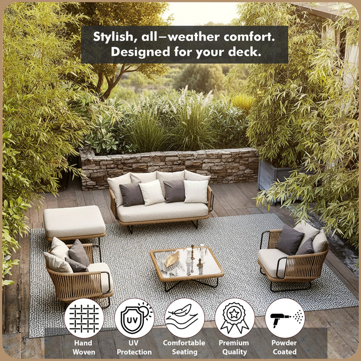 Kenly Outdoor Sofa Set 2 Seater, 2 Single seater and 1 Center Table with ottoman (Beige) Braided & Rope