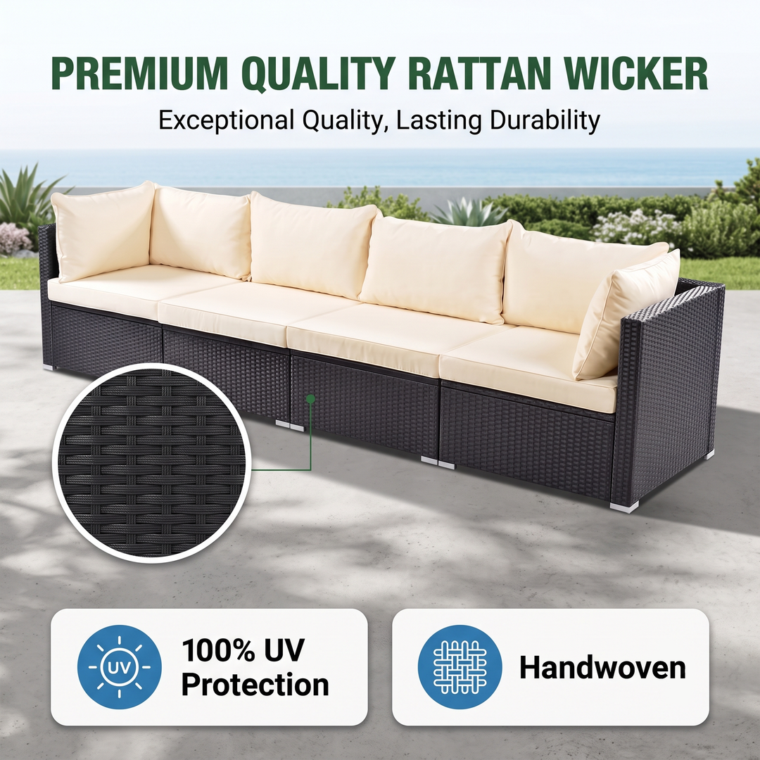 Ollie Outdoor Patio Sofa Set 4 Seater and 1 Table With 1 Ottoman Set (Black + Cream)