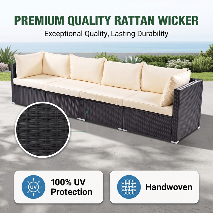 Ollie Outdoor Patio Sofa Set 4 Seater and 1 Table With 1 Ottoman Set (Black + Cream)
