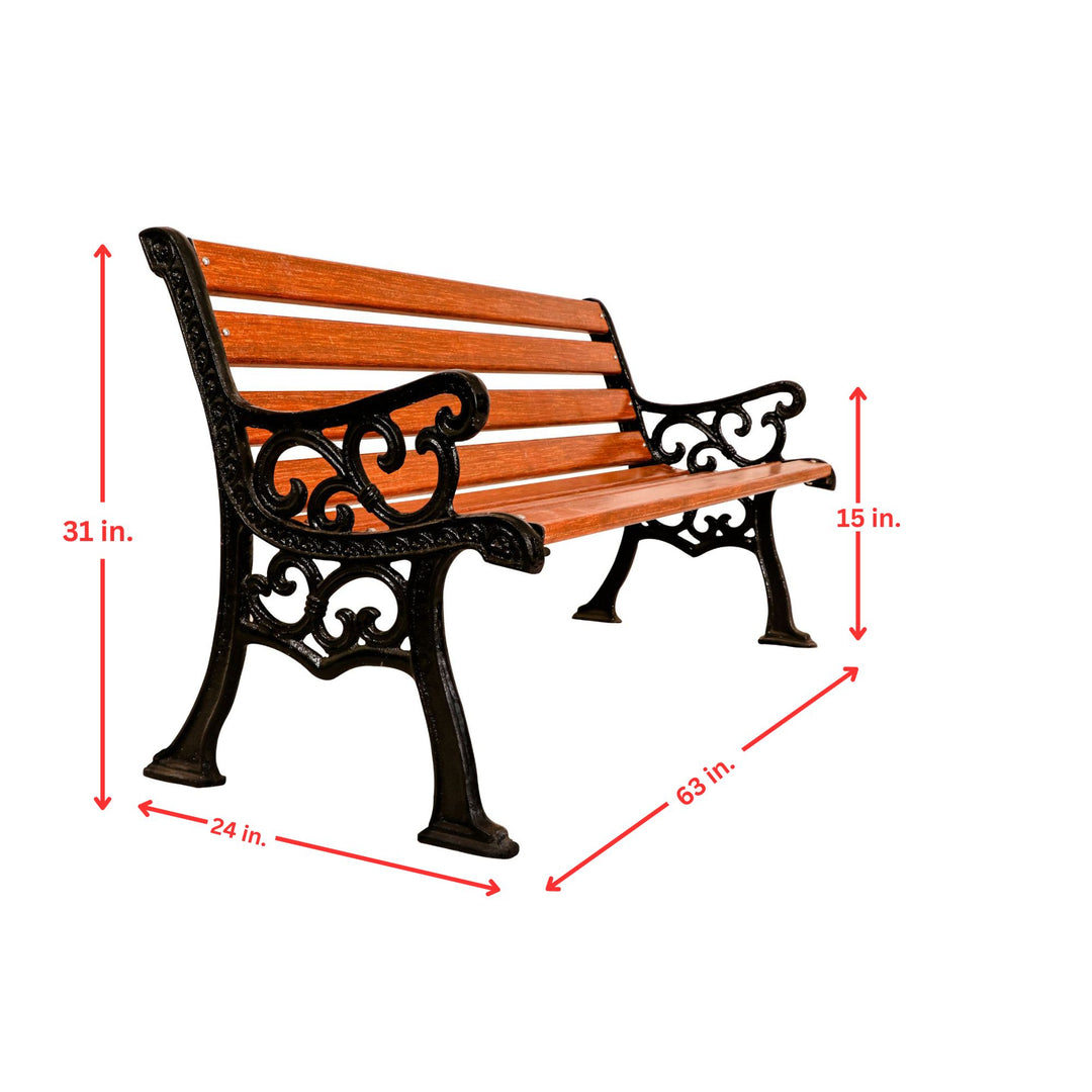 Lynn Cast Iron 3 Seater FRP Garden Bench for Outdoor Park - (Black+ Wooden Texture)