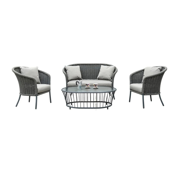 Eira Outdoor Garden Balcony Sofa Set 2 Seater , 2 Single Seater 1 Center Table Set (Black) Braided and Rope