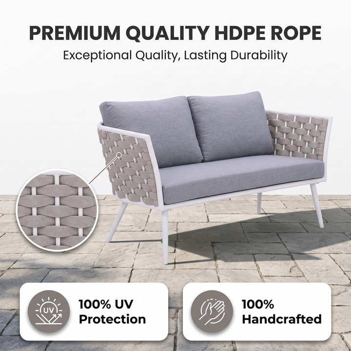 Pozen Outdoor Garden Balcony Sofa Set  2 Seater, 2 Single seater and 1 Center Table Set, Braid & Rope (White)