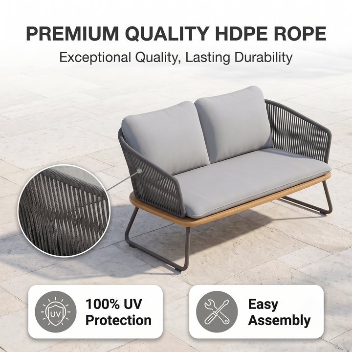 Reevo Outdoor Garden Balcony Sofa Set 2 Seater , 2 Single Seater 1 Center Table Set (Dark Grey) Braided and Rope