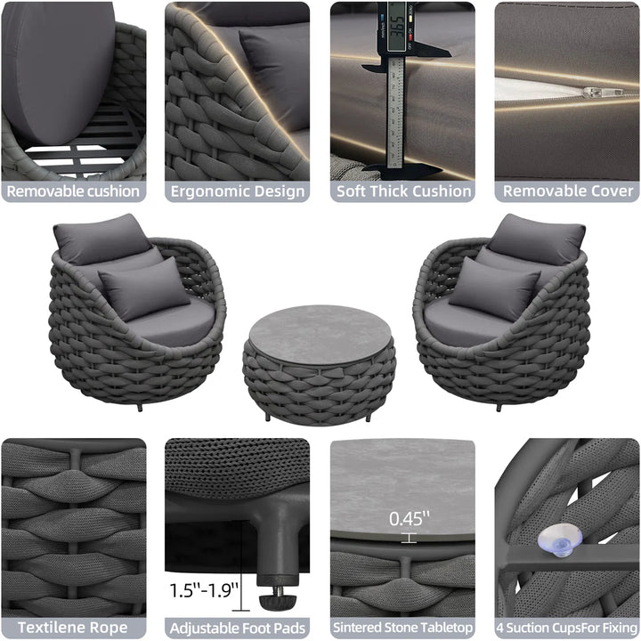 Outlee Outdoor Patio Seating Set 2 Chairs and 1 Table Set (Dark Grey) Braided & Rope