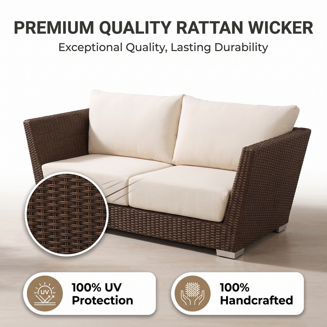 Reflin Outdoor Garden Balcony Sofa Set 2 Seater , 2 Single Seater and 1 Center Table With 1 Side Table Set (Brown + Beige)
