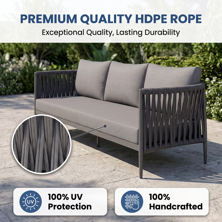 Pablo Outdoor Garden Balcony Sofa Set 3 Seater, 2 Single seater and 1 Table Set Braid & Rope (Dark Grey)