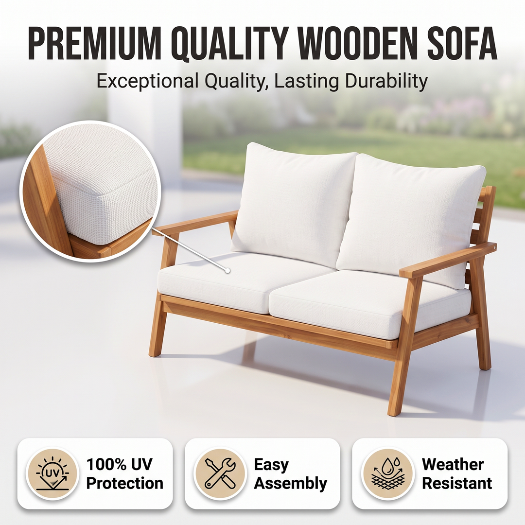 Terra Outdoor Garden Balcony Sofa Set 2 Seater , 2 Single Seater 1 Center Table Set (White) Teak Wood and Braided & Rope