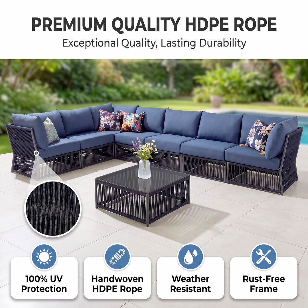Valencia Outdoor Sofa Set 7 Seater, 1 Center Table Set Braided & Rope