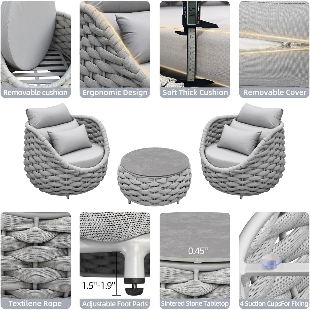 Fiae Outdoor Patio Seating Set 2 Chairs and 1 Table Set (Light Grey) Braided & Rope