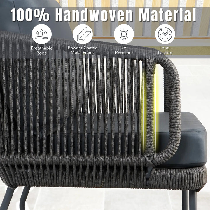 Castolo Outdoor Garden Balcony Sofa Set 3 Seater, 2 Single Seater 1 Ottoman and 1 Center Table Set Braid & Rope (Grey)