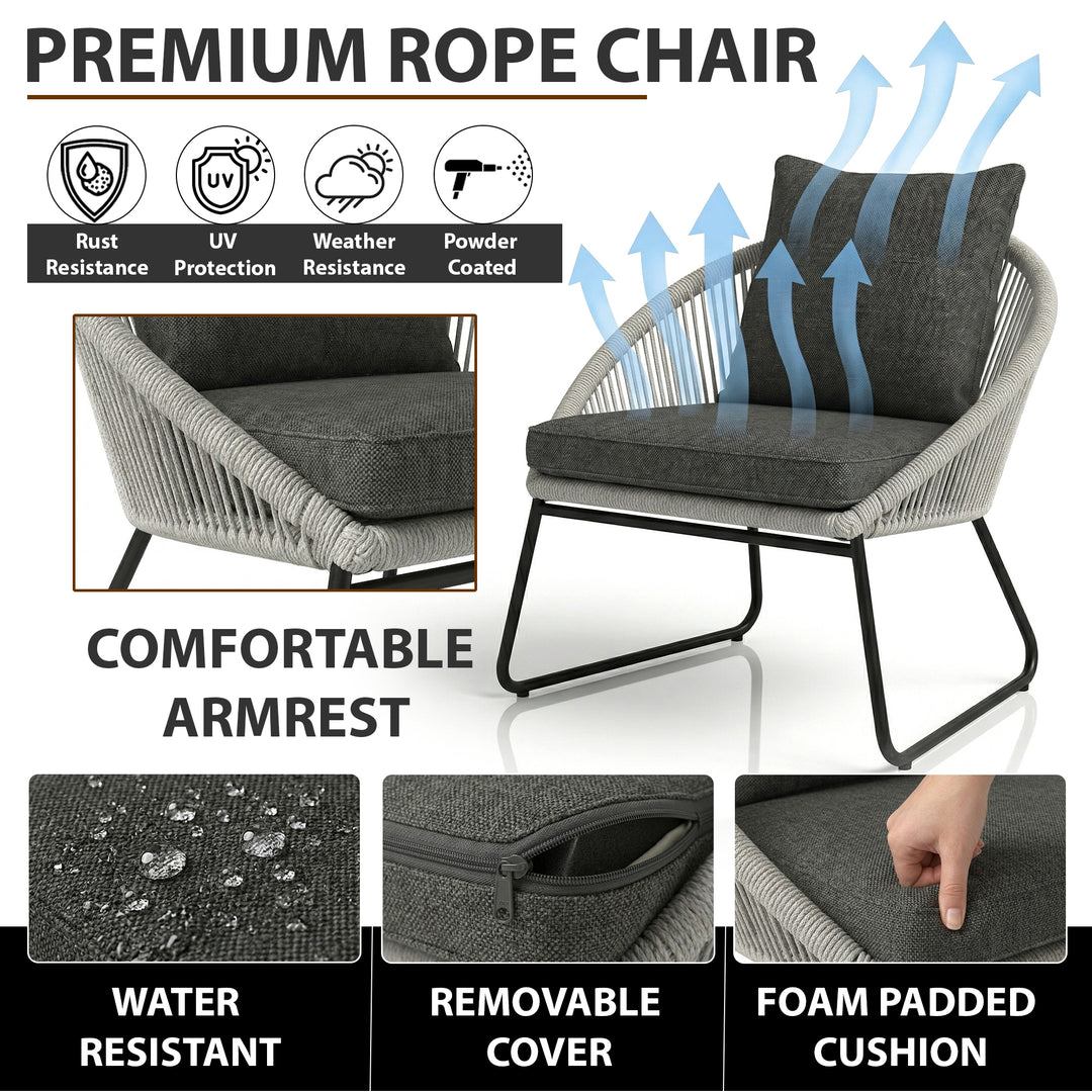 Neva Outdoor Patio Seating Set 2 Chairs and 1 Table Set (Grey) Braided & Rope