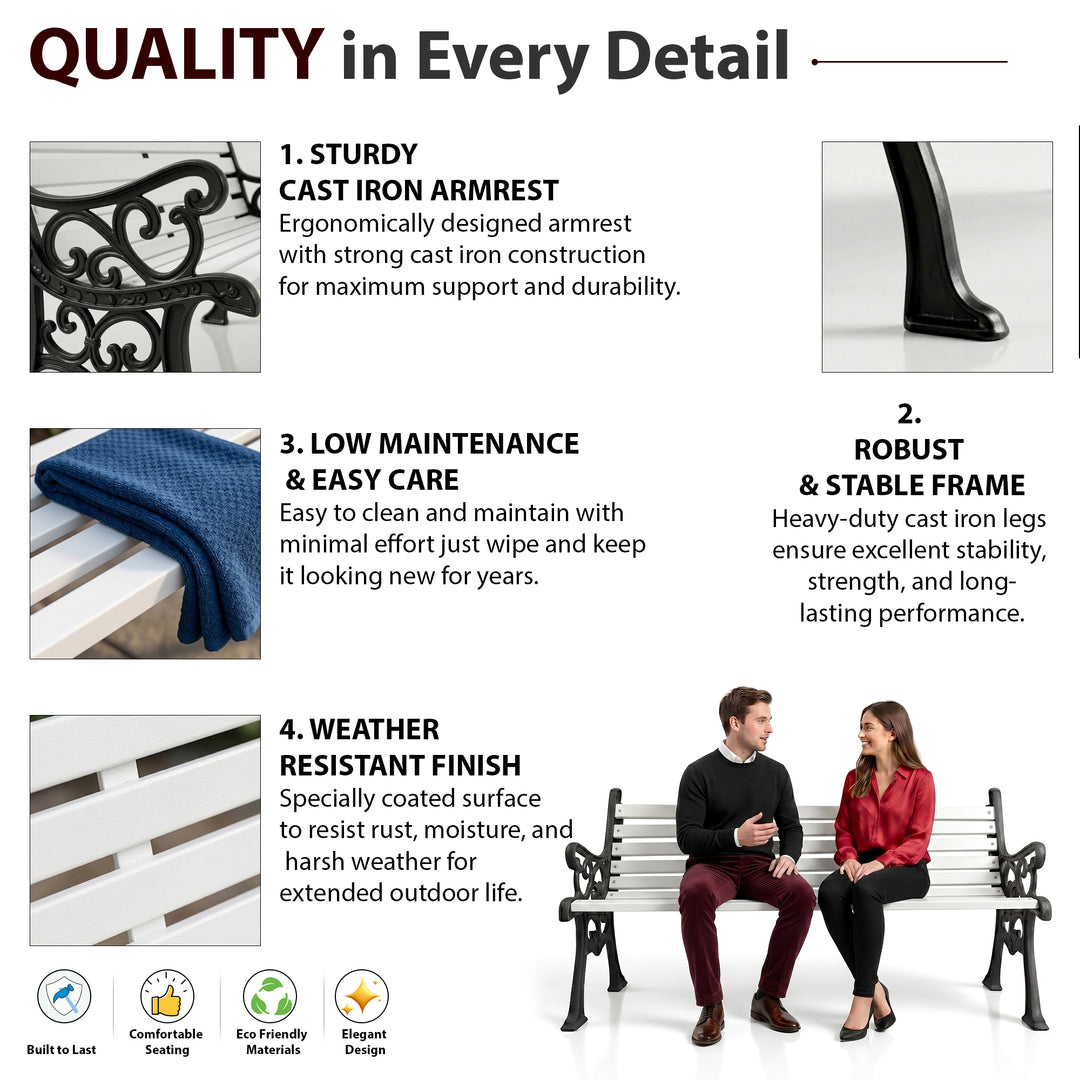 Valor Cast Iron 3 Seater Garden Bench for Outdoor Park - (Black + White)