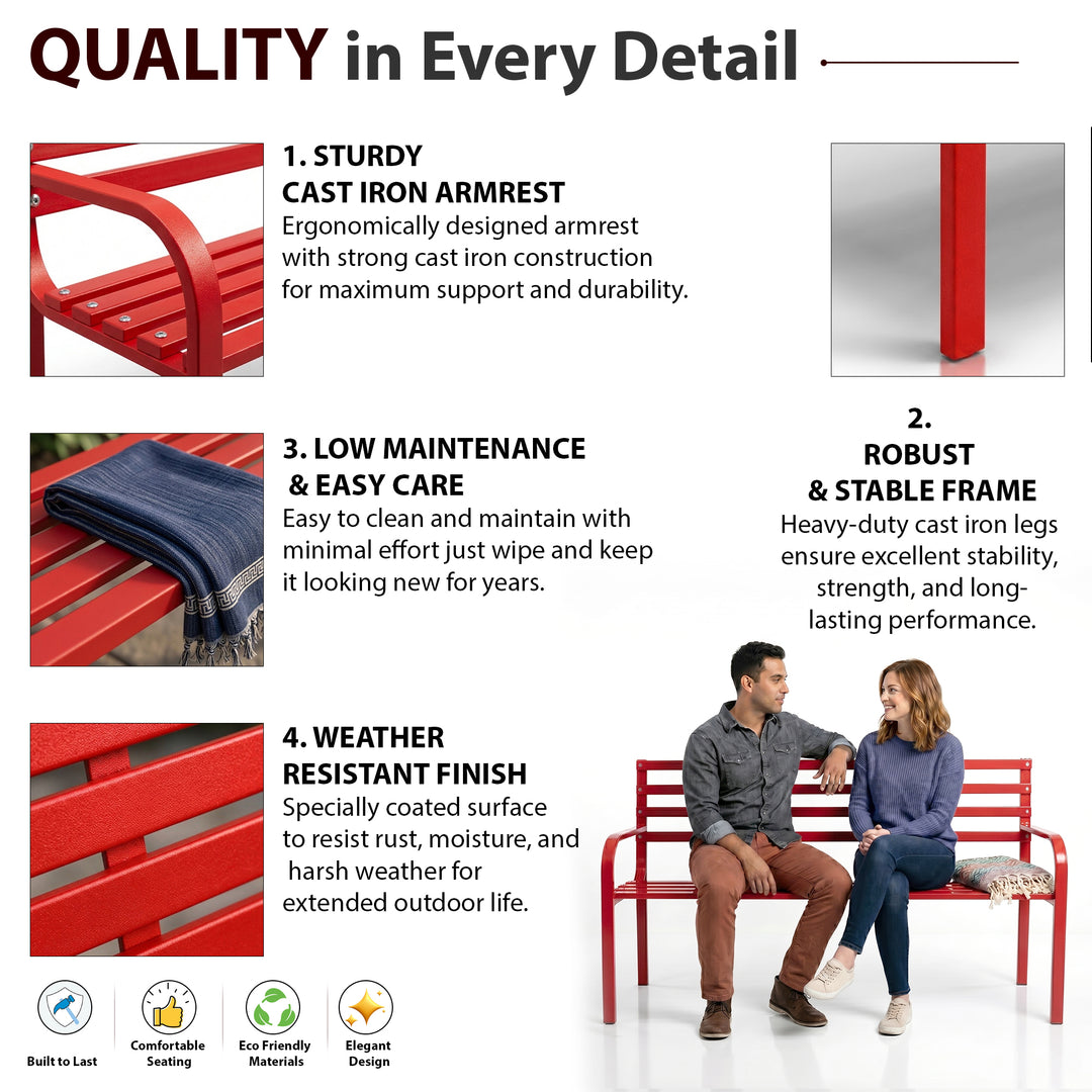 Clever Metal 3 Seater Garden Bench for Outdoor Park - (Red)