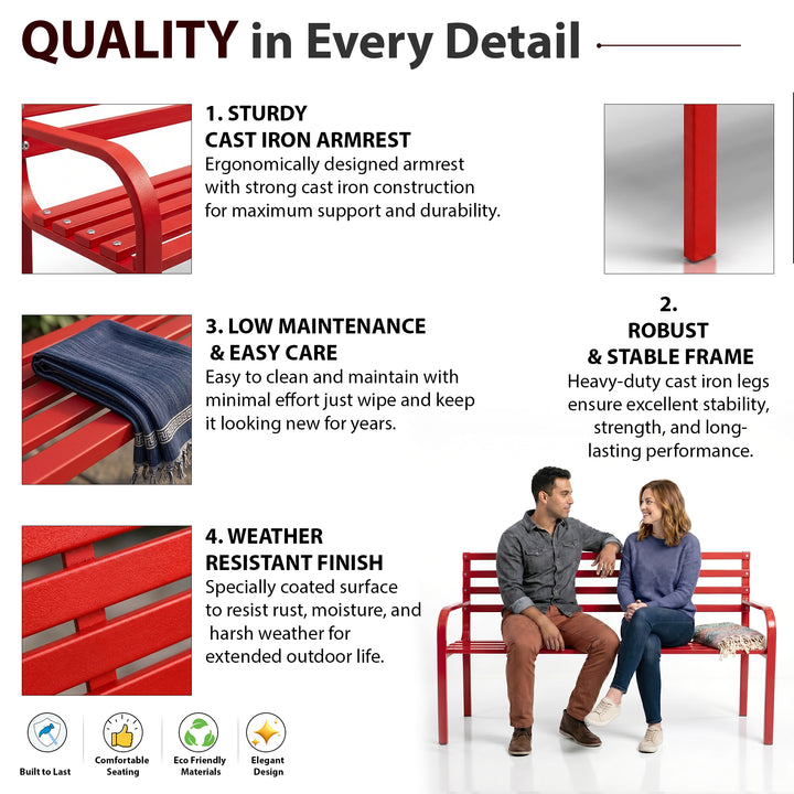 Clever Metal 3 Seater Garden Bench for Outdoor Park - (Red)