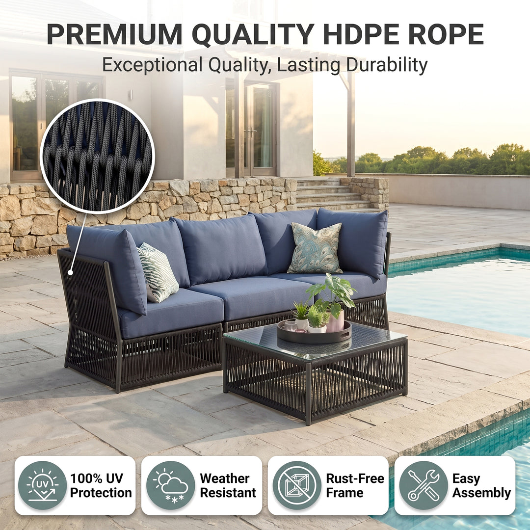 Adán Outdoor Sofa Set 3 Seater and 1 Center Table Set Braided & Rope