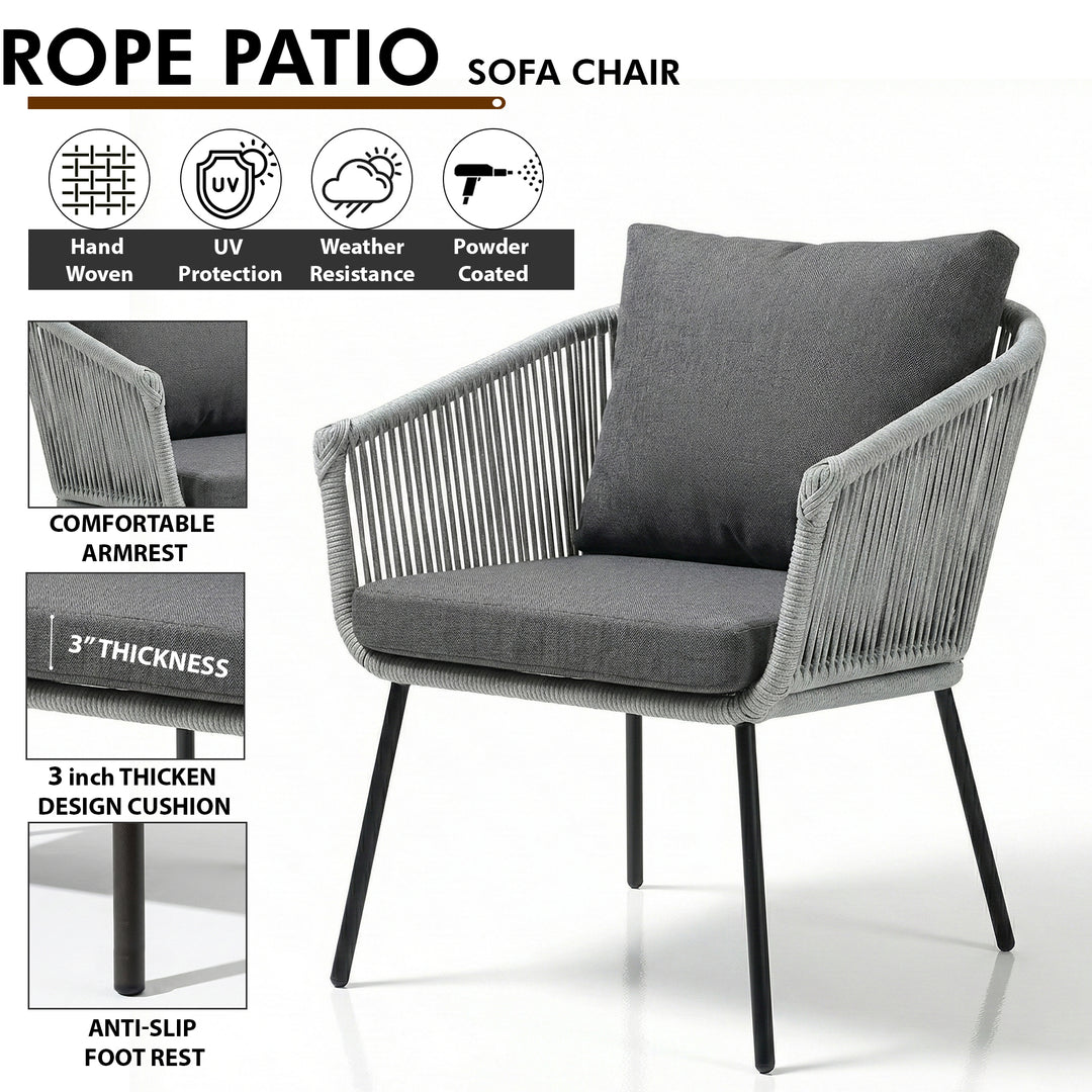 Jara Outdoor Garden Balcony Sofa Set 2 Seater , 2 Single Seater 1 Center Table Set (Grey) Braided and Rope
