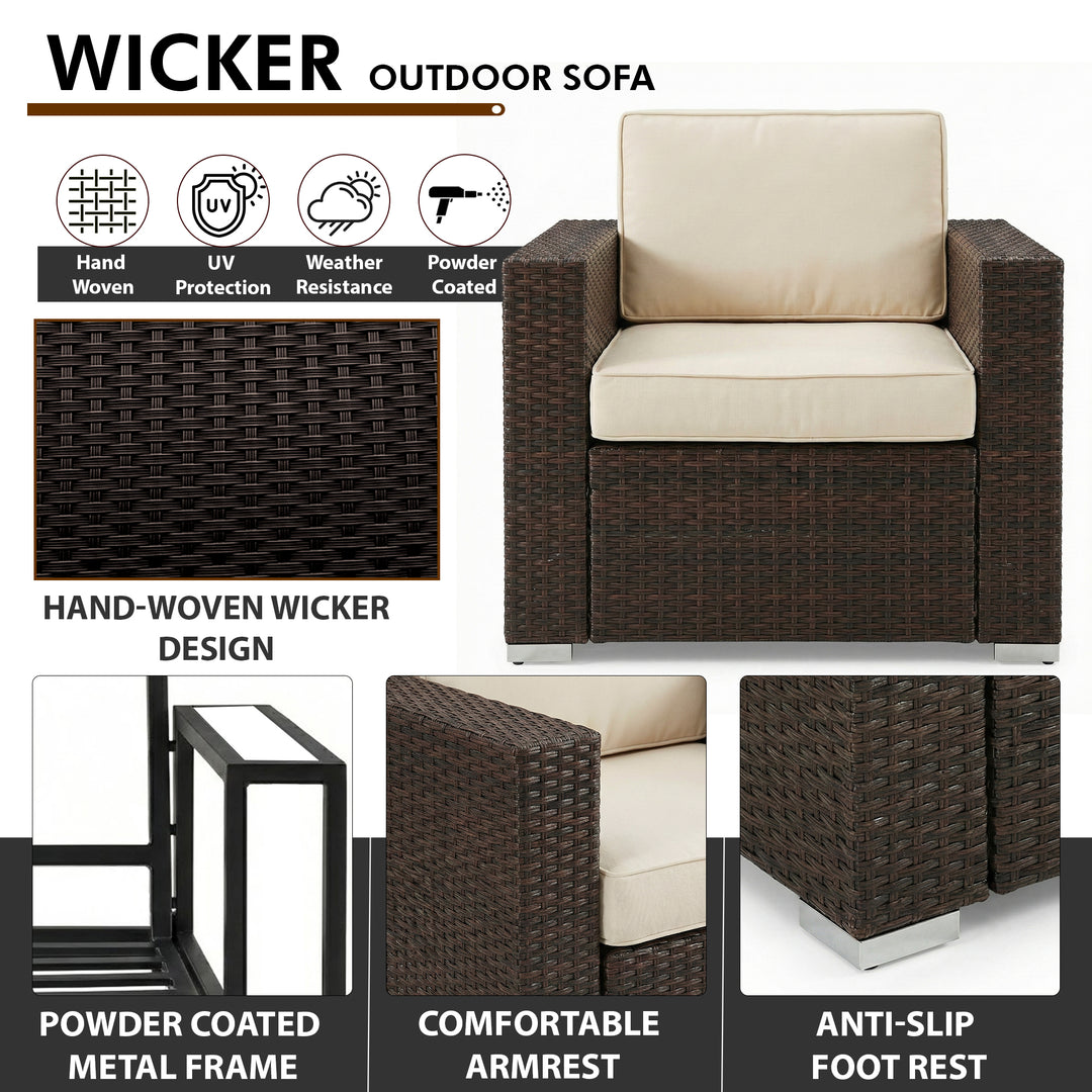 Jovis Outdoor Garden Balcony Sofa Set 3 Seater, 2 Single seater With 1 Ottoman and 1 Center Table Set (Brown)