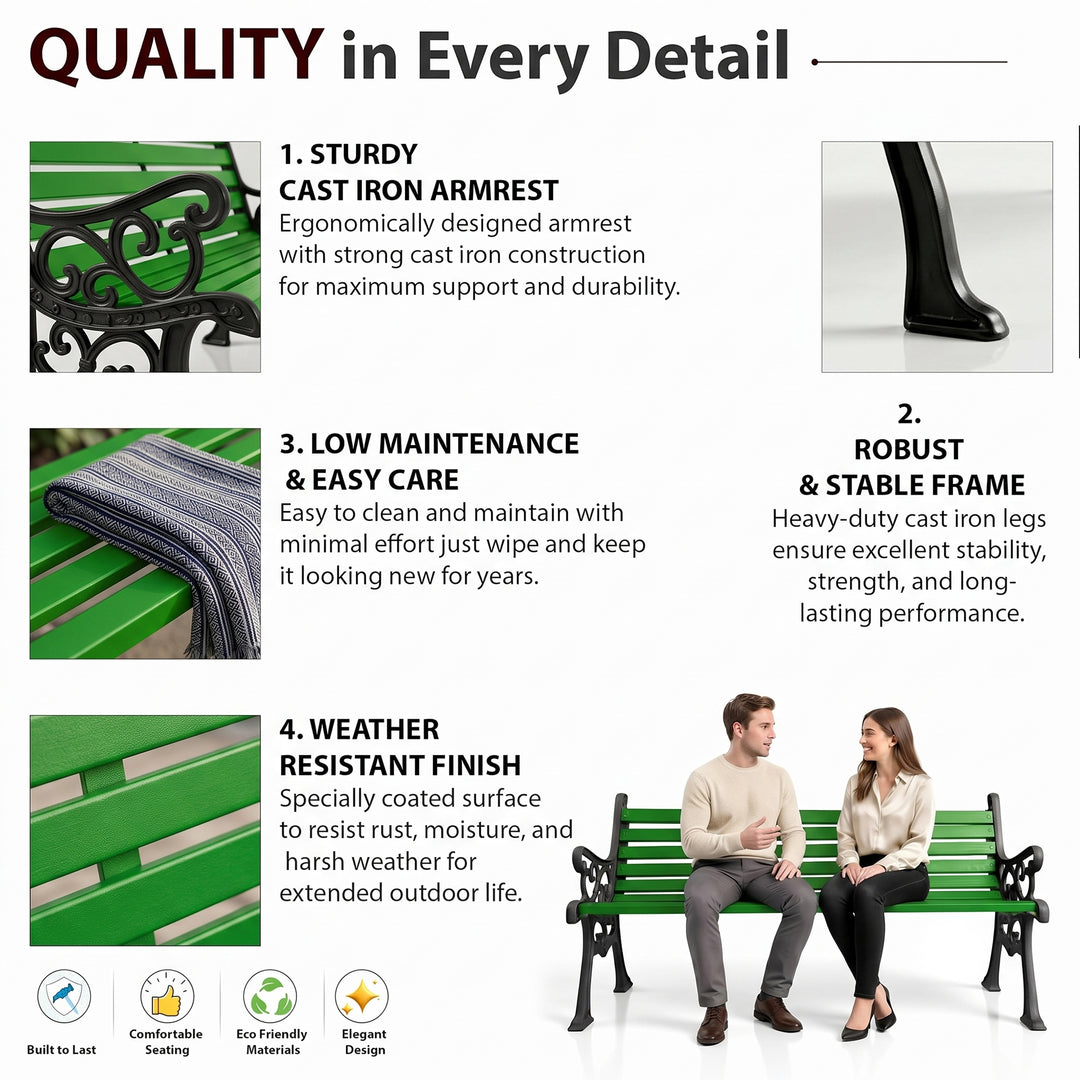 Terra Cast Iron 3 Seater Garden Bench for Outdoor Park - (Black+Green)