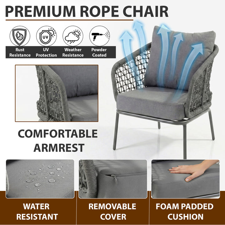 Filix Outdoor Patio Seating Set 2 Chairs and 1 Table Set (Grey) Braided & Rope