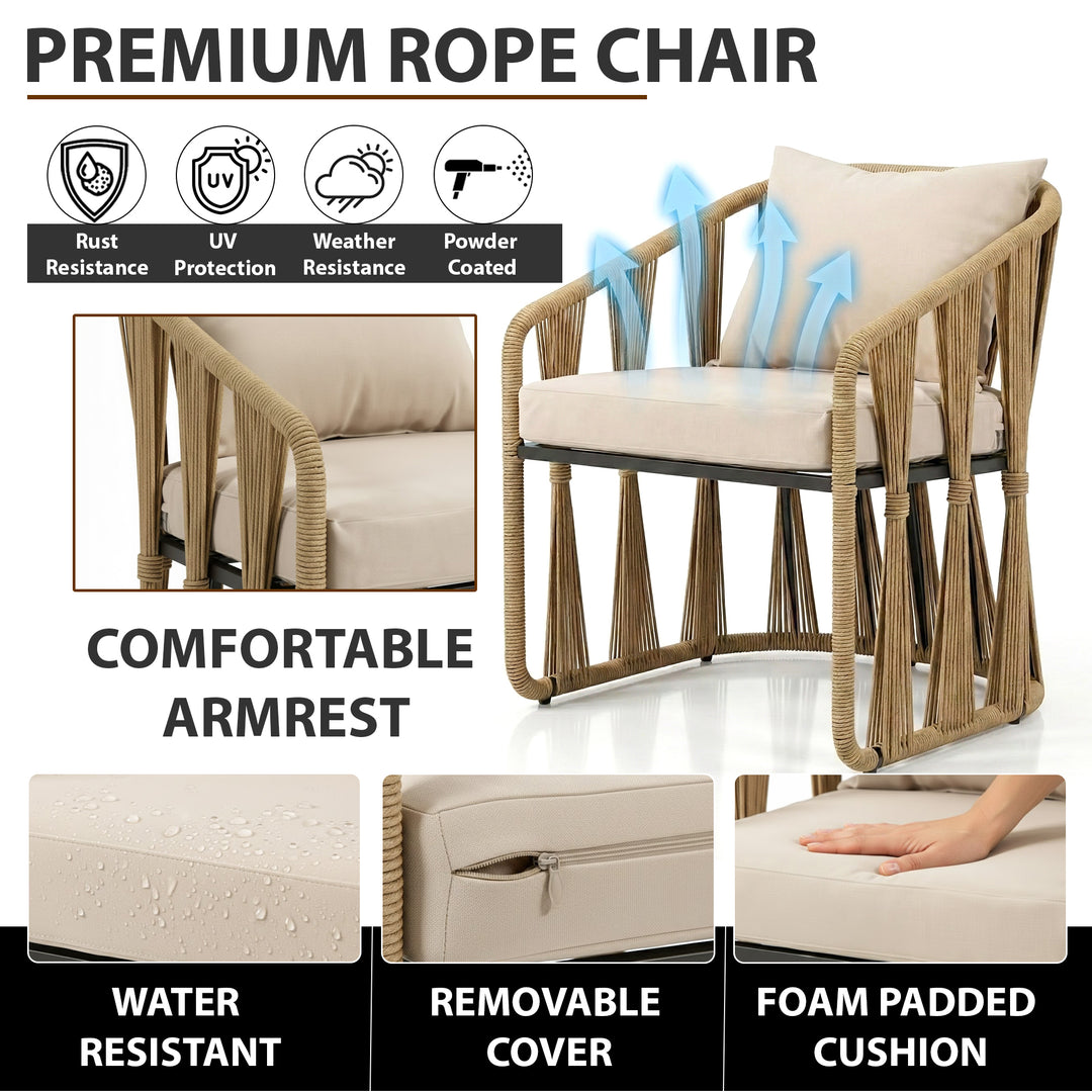 Varqo Outdoor Patio Seating Set 2 Chairs and 1 Table Set Braided & Rope