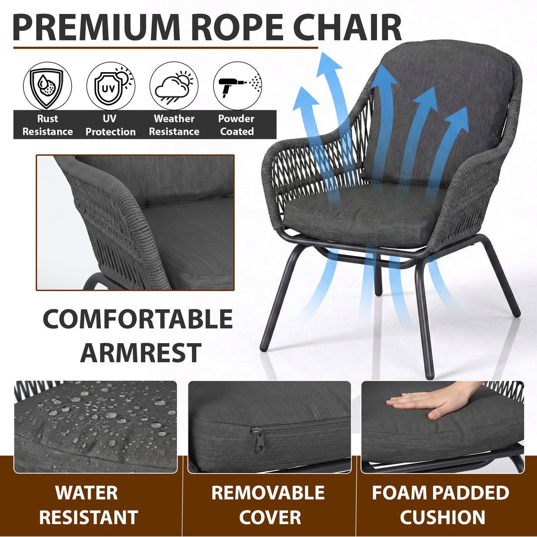 Pillar Outdoor Patio Seating Set 2 Chairs and 1 Table Set (Dark Grey) Braided & Rope
