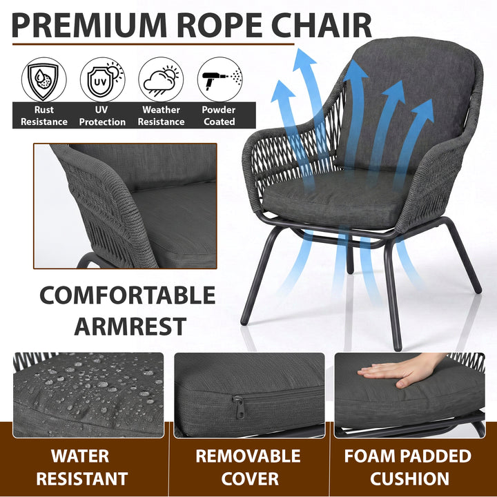 Pillar Outdoor Patio Seating Set 2 Chairs and 1 Table Set (Dark Grey) Braided & Rope