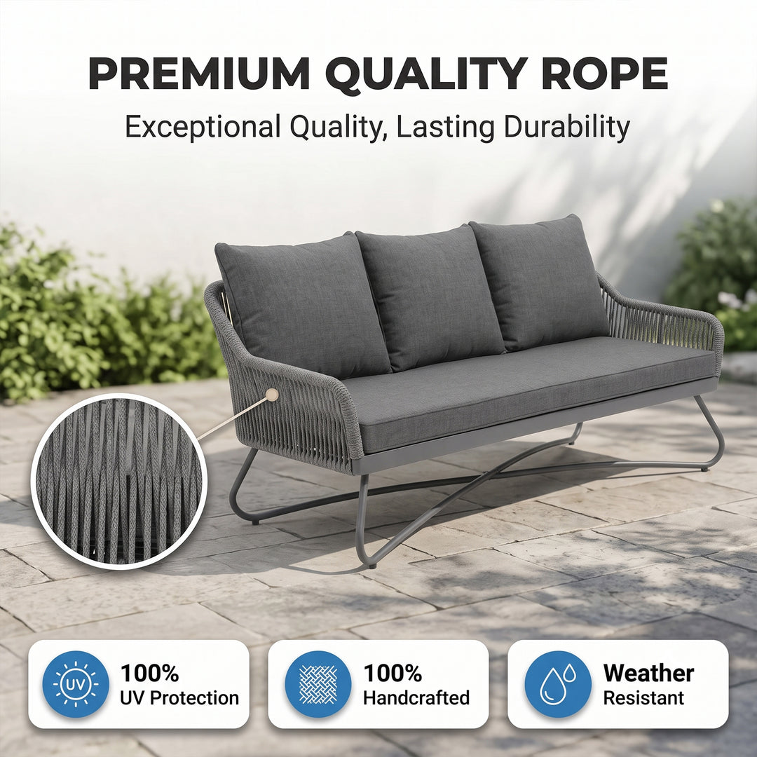 Kismet Outdoor Sofa Set 3 Seater, 2 Single seater and 1 Center Table (Grey) Braided & Rope