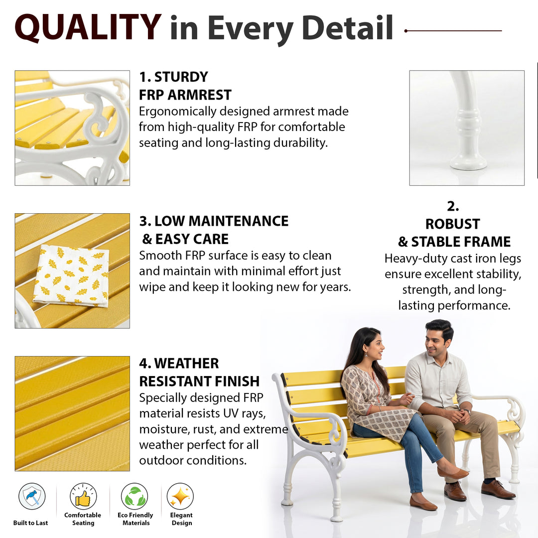 Trefor Cast Iron 3 Seater FRP Garden Bench for Outdoor Park - (White + Yellow)