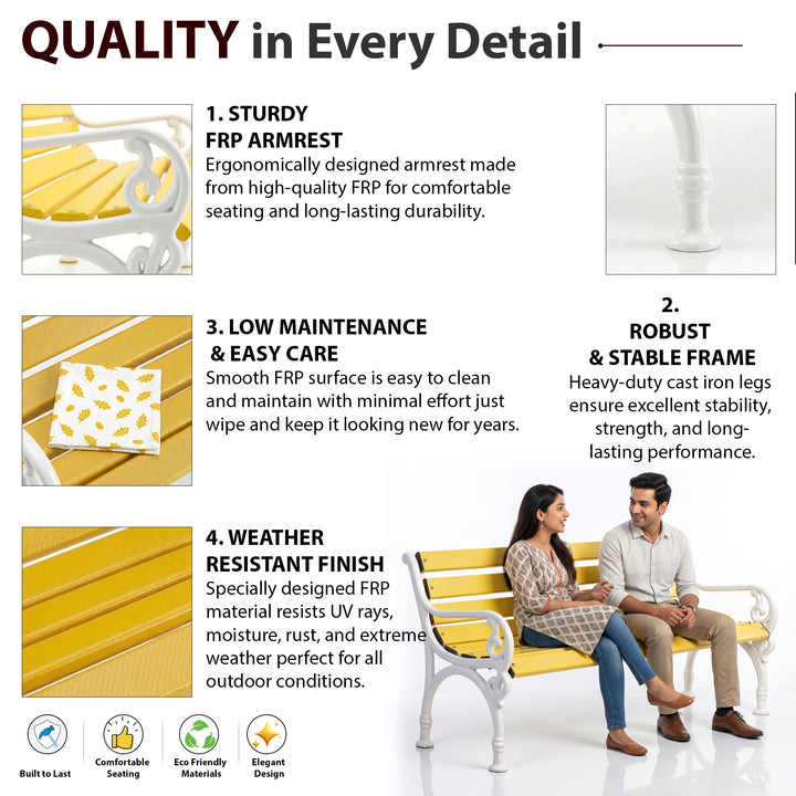Trefor Cast Iron 3 Seater FRP Garden Bench for Outdoor Park - (White + Yellow)