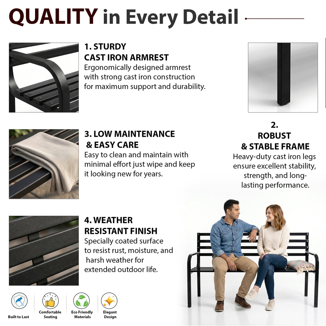 Faam Metal 3 Seater Garden Bench for Outdoor Park - (Black)