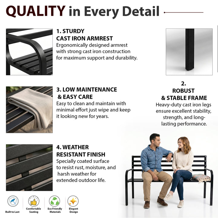 Faam Metal 3 Seater Garden Bench for Outdoor Park - (Black)