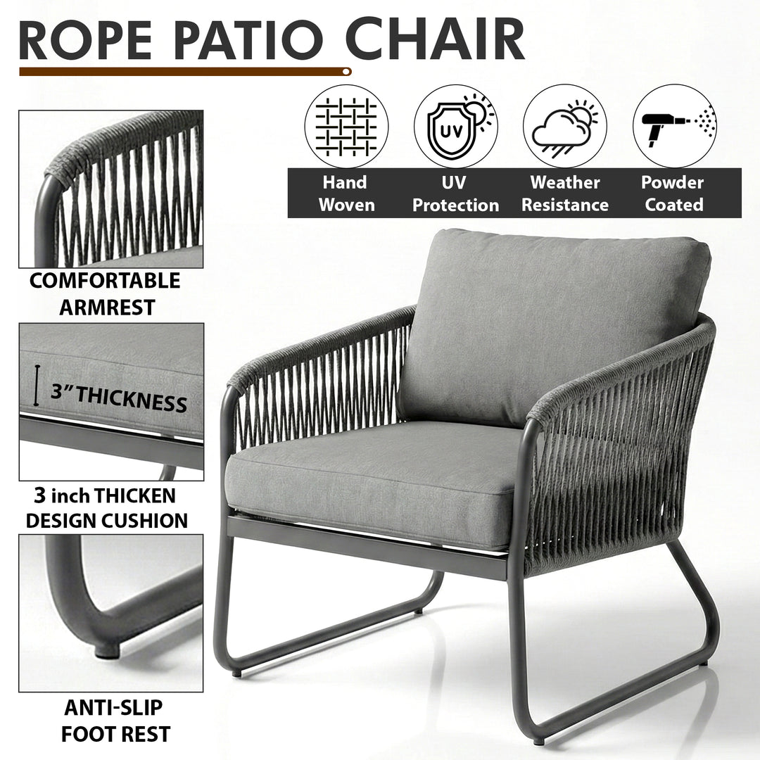 Casu Outdoor Garden Balcony Sofa Set 2 Seater, 2 Single seater and 1 Center Table Set, Braid & Rope (Grey)