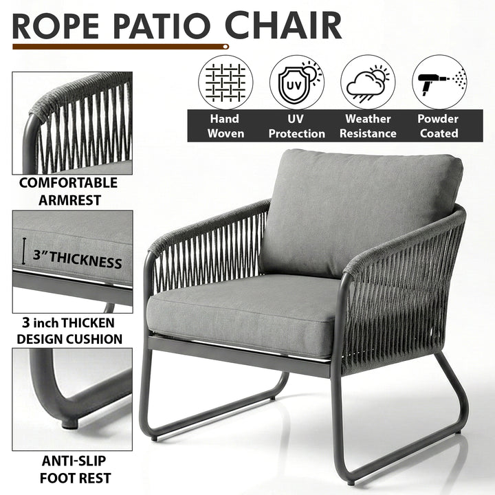 Casu Outdoor Garden Balcony Sofa Set 2 Seater, 2 Single seater and 1 Center Table Set, Braid & Rope (Grey)