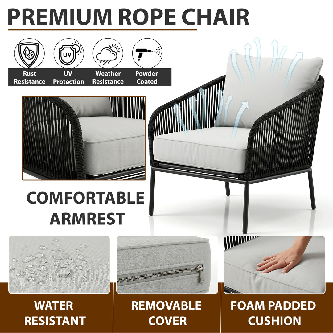 Alwin Outdoor Patio Seating Set 2 Chairs and 1 Table Set (Black) Braided And Rope