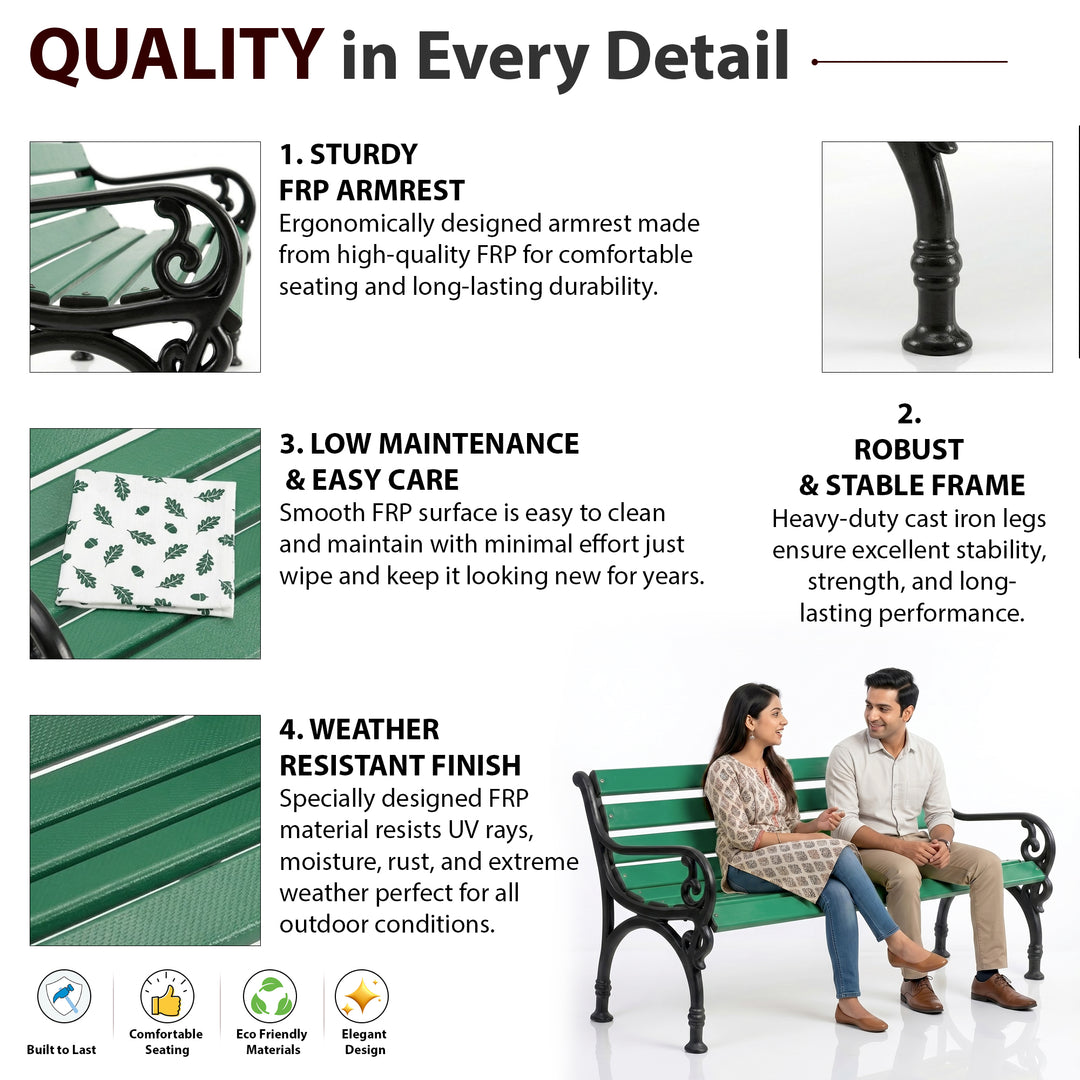 Brin Cast Iron 3 Seater FRP Garden Bench for Outdoor Park - (Black + Green)
