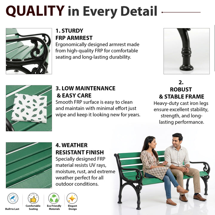 Brin Cast Iron 3 Seater FRP Garden Bench for Outdoor Park - (Black + Green)