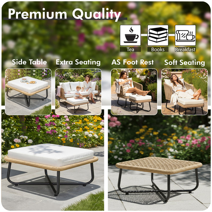 Kuub Outdoor Sofa Set 3 Seater, 2 Single seater,2 Ottoman(Beige) Braided and Rope