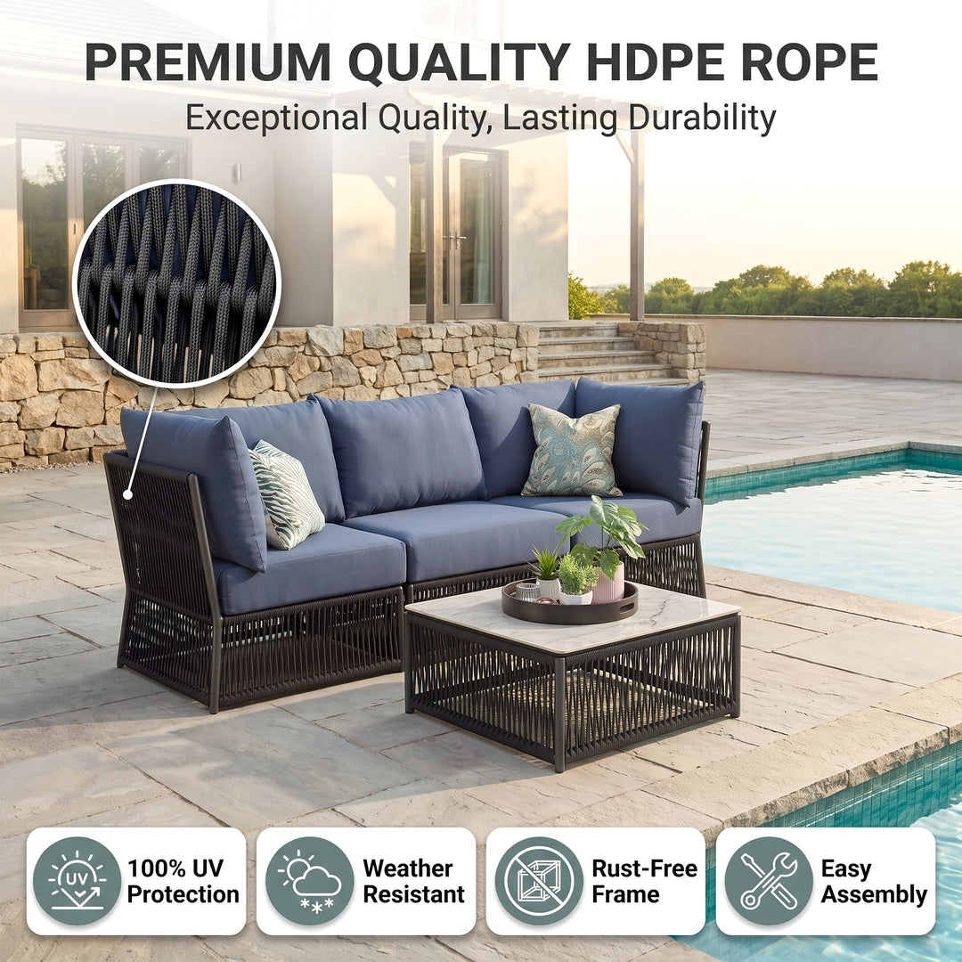Adán Outdoor Sofa Set 3 Seater and 1 Center Table Set Braided & Rope