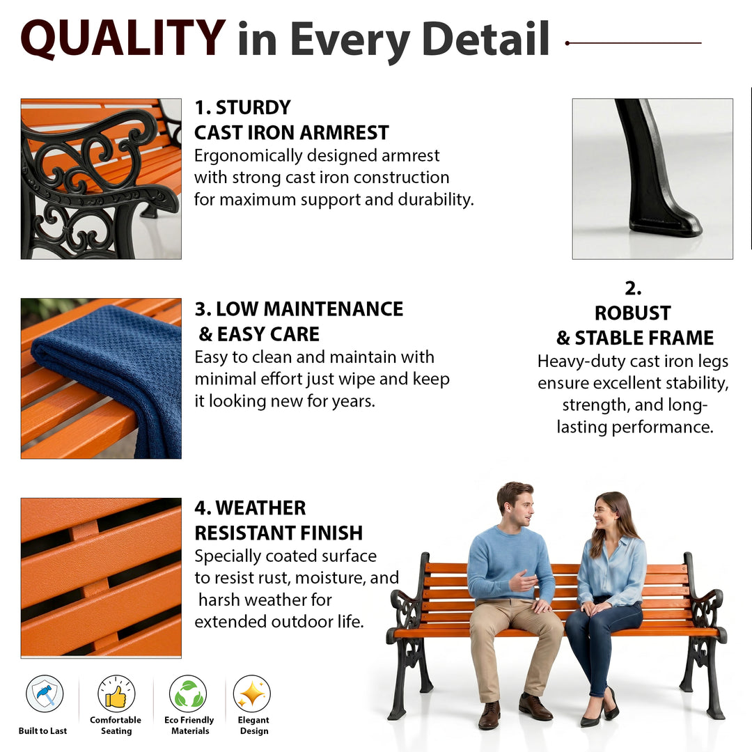 Crafty Cast Iron 3 Seater Garden Bench for Outdoor Park - (Black + Orange)