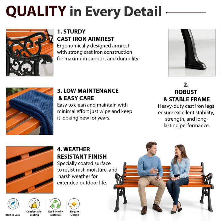 Crafty Cast Iron 3 Seater Garden Bench for Outdoor Park - (Black + Orange)