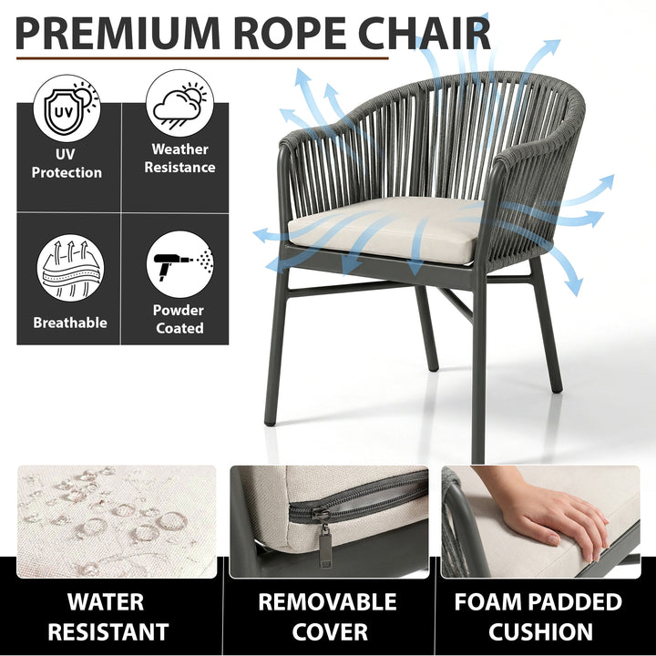 Remame Outdoor Patio Seating Set 2 Chairs and 1 Table Set (Grey) Braided & Rope
