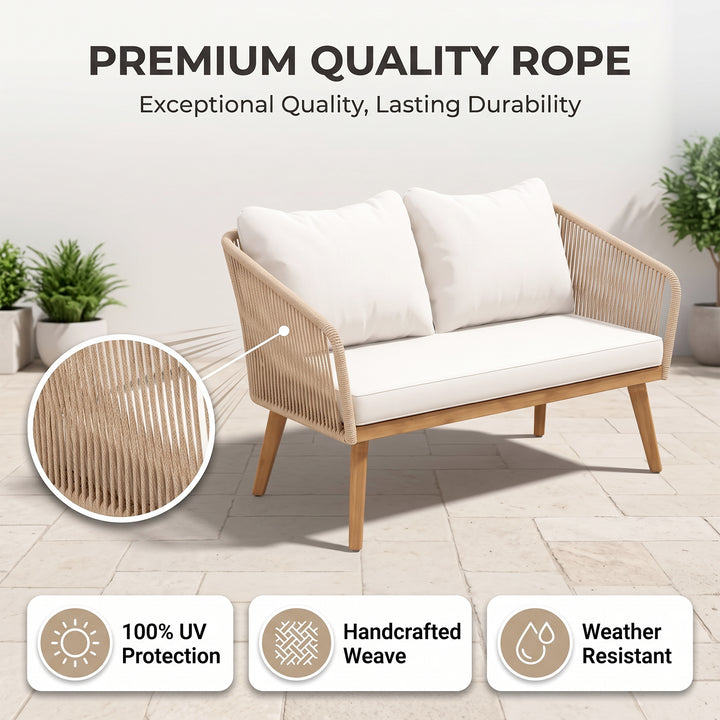 Eolia Outdoor Garden Balcony Sofa Set 2 Seater , 2 Single Seater 1 Center Table Set (Cream) Teak Wood and Braided & Rope