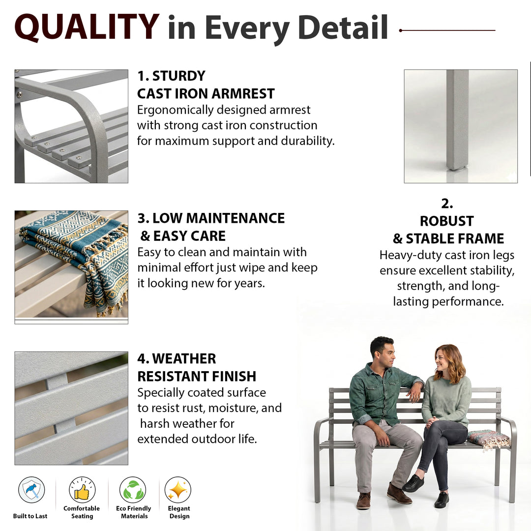 Faith Metal 3 Seater Garden Bench for Outdoor Park - (Grey)