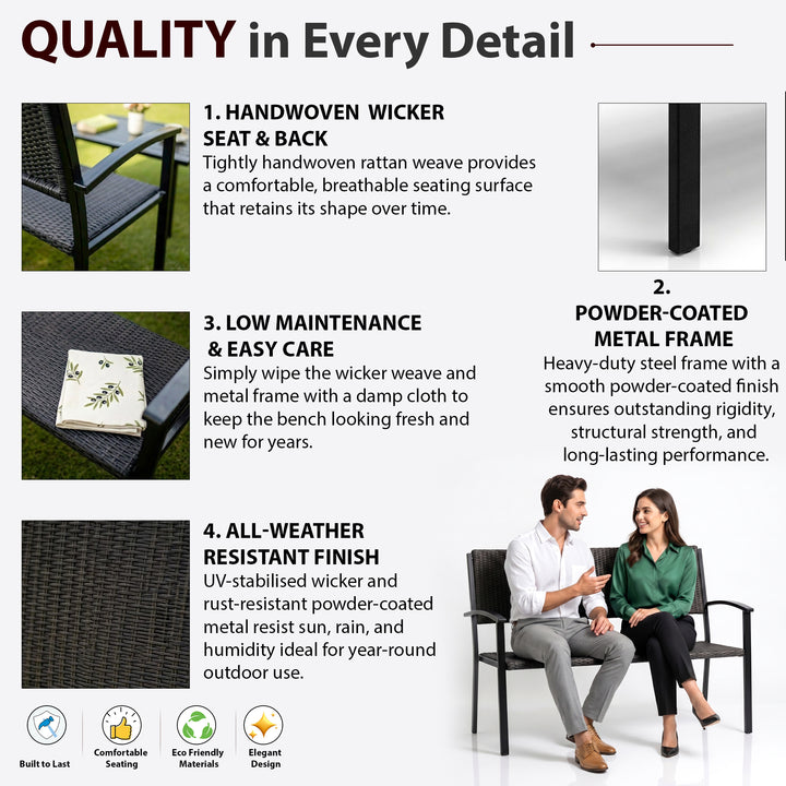Viola Wicker 2 Seater and 1 Table Garden Bench for Outdoor Park - (Black)