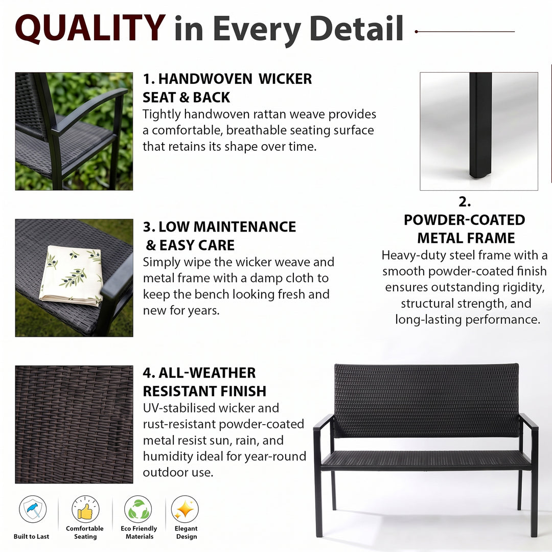 Franco Wicker 2 Seater Garden Bench for Outdoor Park - (Black)